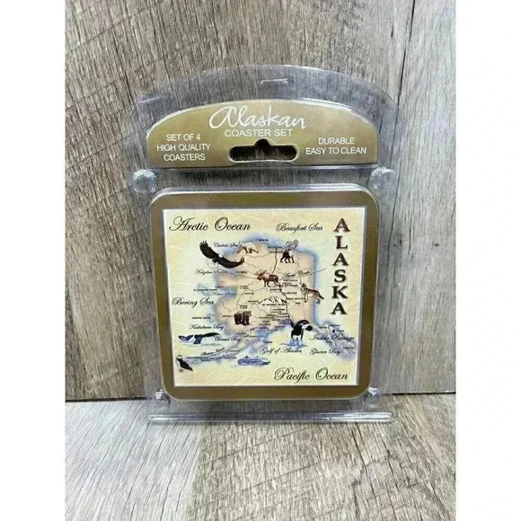 Alaska Coaster Set Alaskan Map Geography Animals Wildlife Cork Backing NEW - Picture 1 of 3